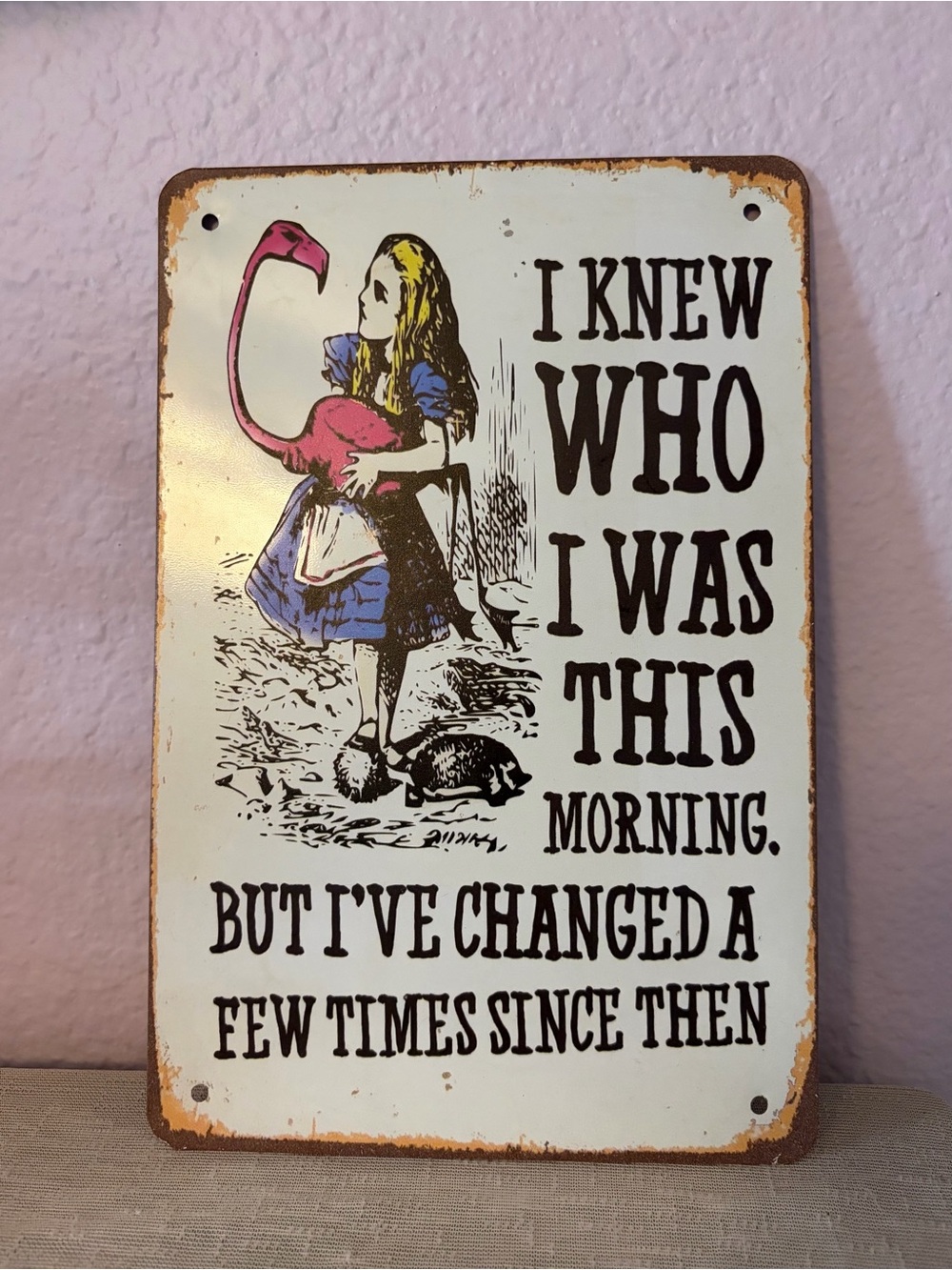 Vintage Style Alice Wall Sign with Pink Flamingo - Home Wall Decor
